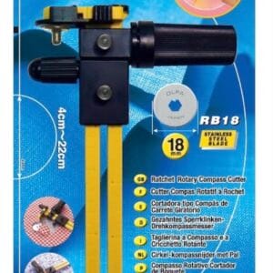 A packaged OLFA CMP-3 rotary compass cutter with a yellow and black handle, an 18mm RB18 blade, and a circular cutting arm, shown on a blue background with product details in multiple languages.