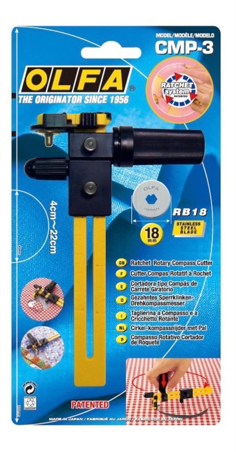 A packaged OLFA CMP-3 rotary compass cutter with a yellow and black handle, an 18mm RB18 blade, and a circular cutting arm, shown on a blue background with product details in multiple languages.