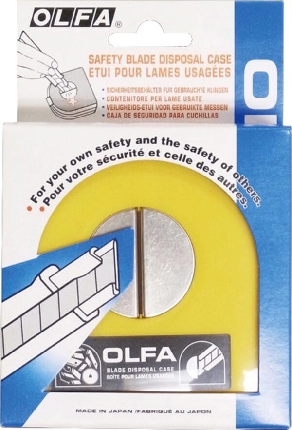A package for an OLFA safety blade disposal case, featuring a yellow circular container and safety instructions in multiple languages. Illustrations show how to safely insert used blades into the case.