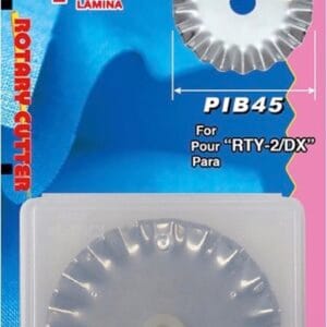 Olfa rotary cutter replacement blade (45 mm) in plastic case, packaged on blue and pink cardboard with yellow and white text, showing the blade and product details.