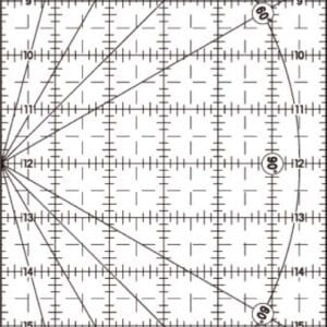 A transparent quilting ruler with black grid lines, numerical measurements, diagonal angles, and circles marked for precise cutting, labeled "dritz omnigrid" at the bottom.