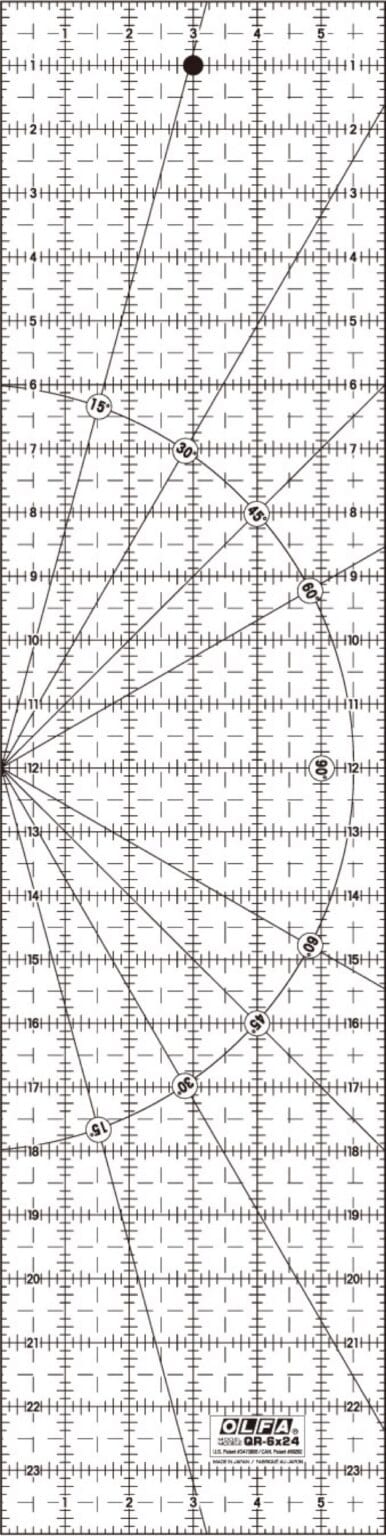 A transparent quilting ruler with black grid lines, numerical measurements, diagonal angles, and circles marked for precise cutting, labeled "dritz omnigrid" at the bottom.