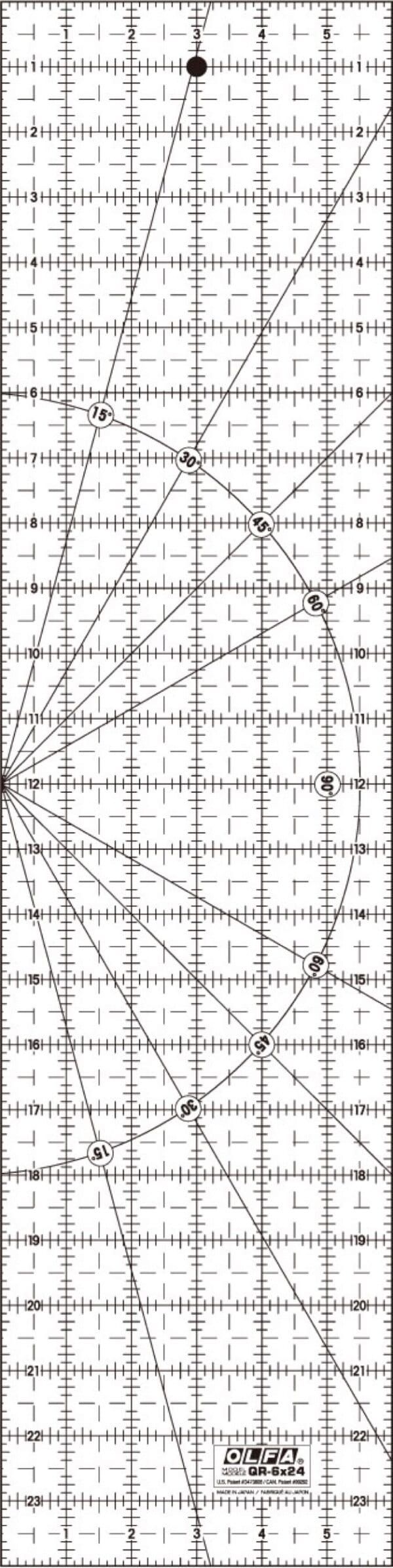 A transparent quilting ruler with black grid lines, numerical measurements, diagonal angles, and circles marked for precise cutting, labeled "dritz omnigrid" at the bottom.
