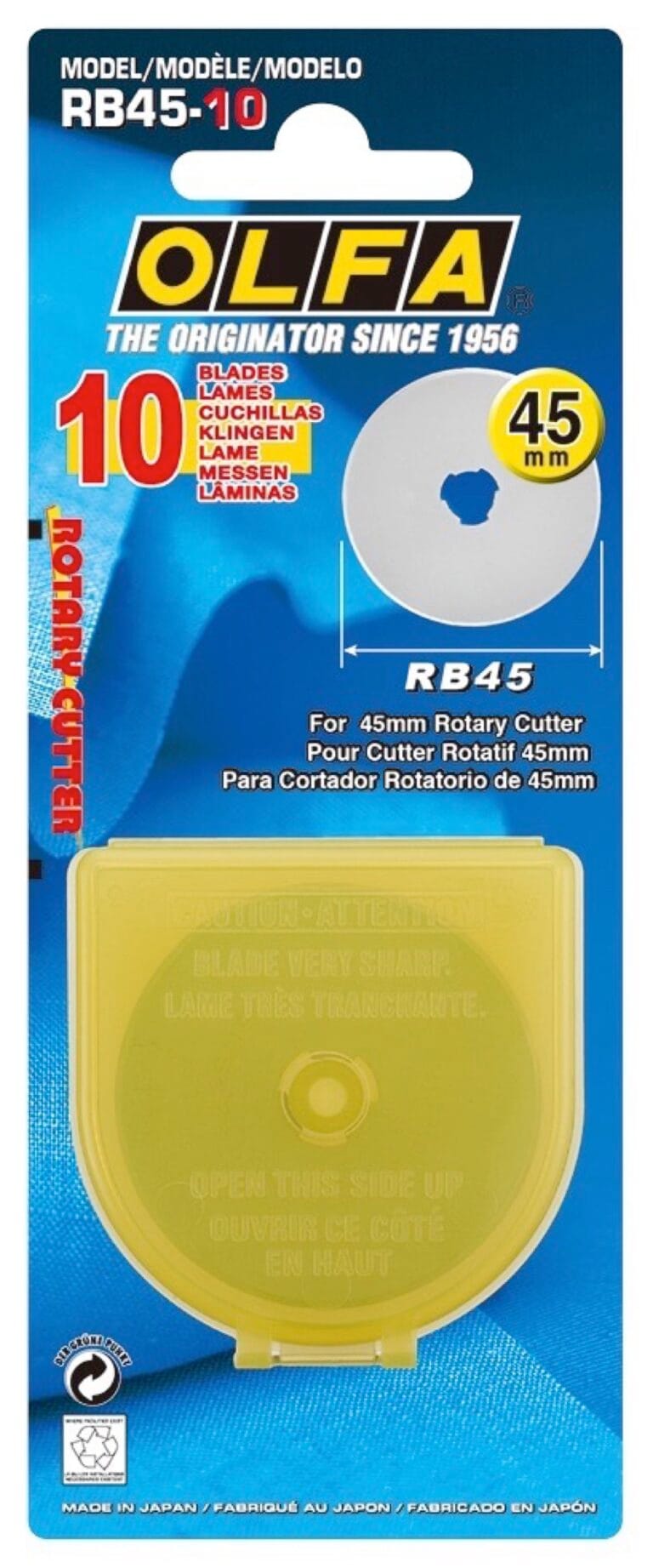A package of OLFA RB45-10 rotary cutter blades, showing one round 45mm blade and a yellow plastic blade case. The package states it contains 10 blades for a 45mm rotary cutter.