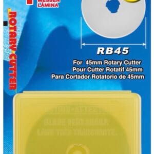 A blue and yellow OLFA packaging for a 45mm rotary cutter blade, model RB45-1, showing one circular blade and a yellow plastic storage case. Text is in English, Spanish, and French.