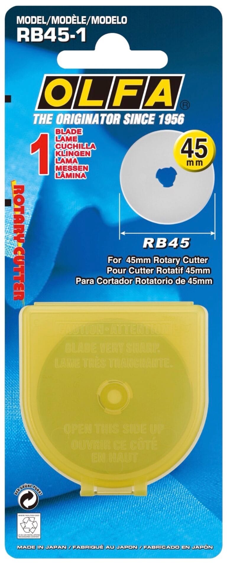 A blue and yellow OLFA packaging for a 45mm rotary cutter blade, model RB45-1, showing one circular blade and a yellow plastic storage case. Text is in English, Spanish, and French.