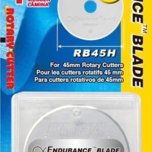 Packaging for OLFA Endurance Blade RB45H-1, a 45 mm rotary cutter replacement blade, showing the blade in a clear plastic case and product information in English, French, Spanish, and German.