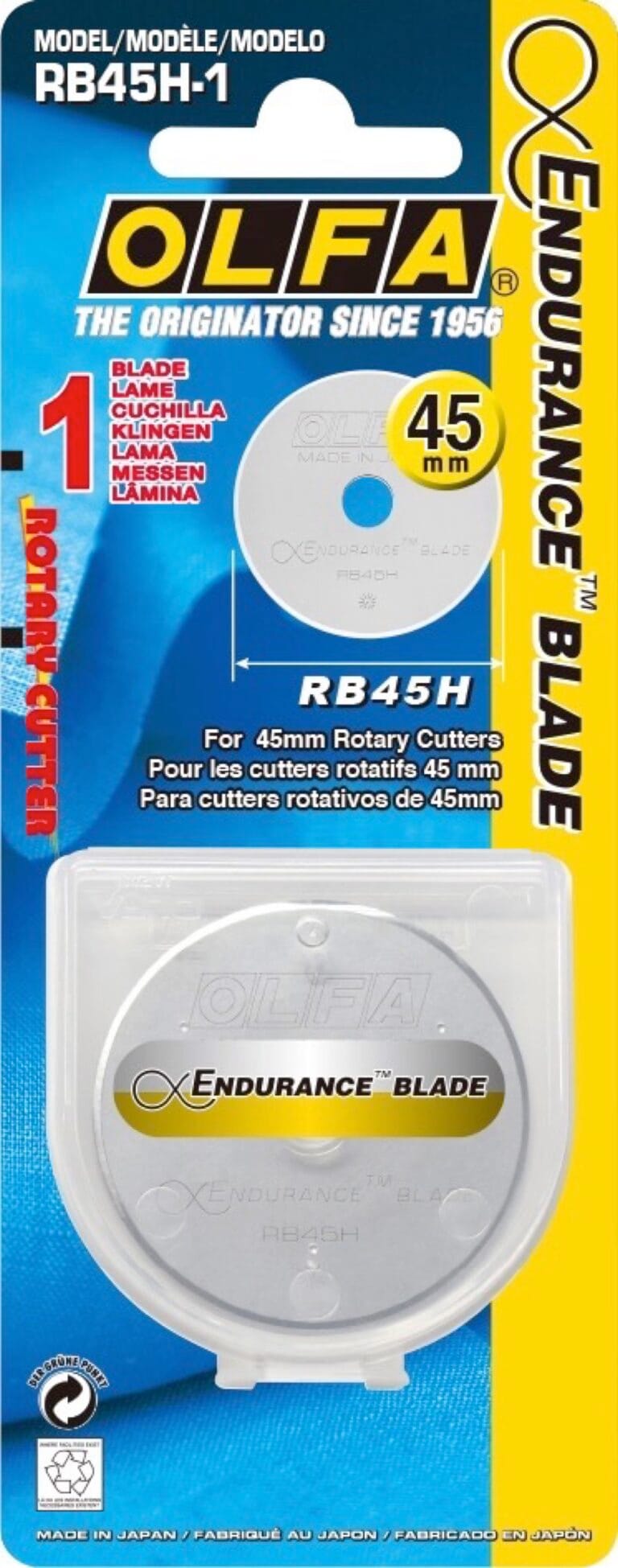 Packaging for OLFA Endurance Blade RB45H-1, a 45 mm rotary cutter replacement blade, showing the blade in a clear plastic case and product information in English, French, Spanish, and German.
