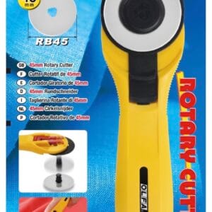 A yellow OLFA RTY-2C/YEL 45 mm rotary cutter in packaging, with product details, features, and images of the cutter in use on a blue background. The package highlights “ROTARY CUTTER” in red text on the right.