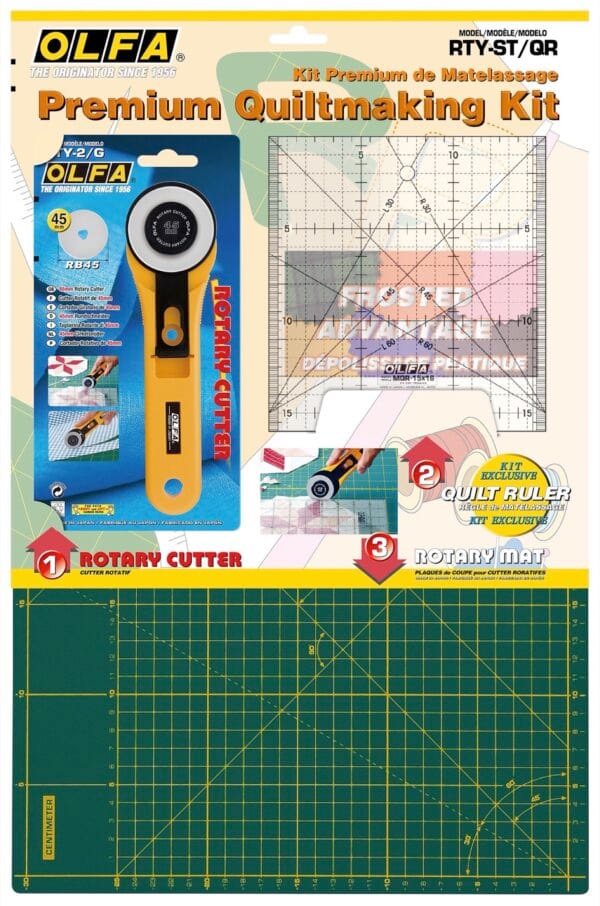 OLFA Premium Quiltmaking Kit packaging showing a rotary cutter, a clear grid quilt ruler, and a green cutting mat with yellow grid lines, designed for quilting and fabric cutting.