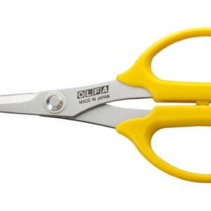 A pair of scissors with stainless steel blades and bright yellow ergonomic handles, labeled "OLFA Made in Japan," shown against a white background.