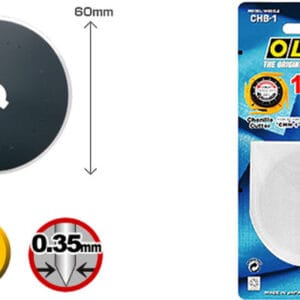 A circular rotary cutter blade with a 60mm diameter is shown next to its OLFA brand packaging, which is blue with product information and a clear plastic case displaying the blade inside.
