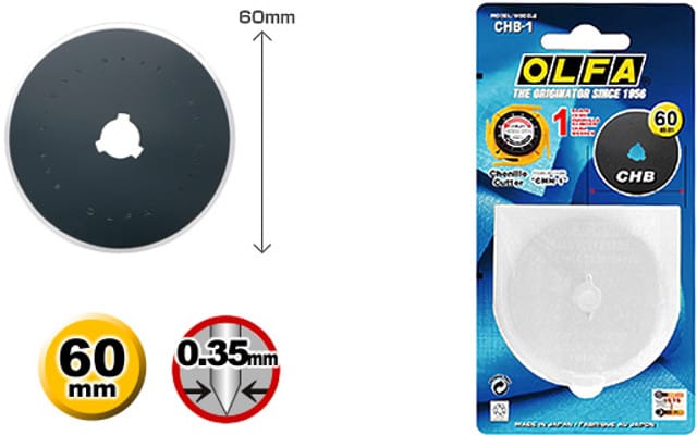 A circular rotary cutter blade with a 60mm diameter is shown next to its OLFA brand packaging, which is blue with product information and a clear plastic case displaying the blade inside.