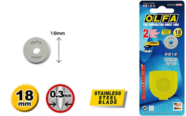 OLFA rotary cutter replacement blade, 18mm diameter, 0.3mm thickness, stainless steel, 2-pack, shown in original packaging with product details and icons highlighting specifications.