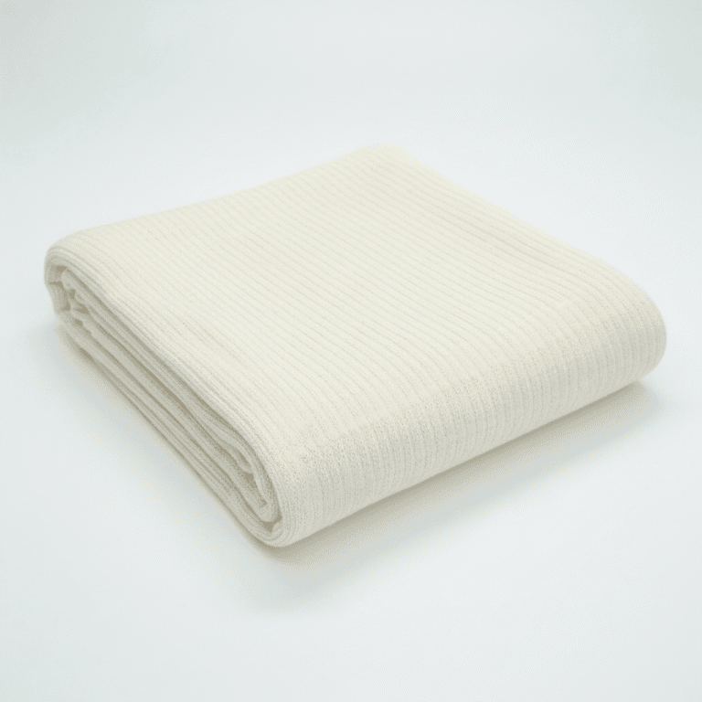 A neatly folded, cream-colored ribbed blanket is displayed on a plain white background.