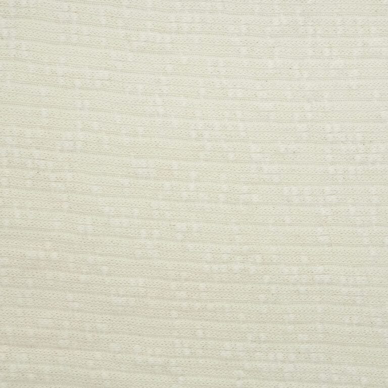 Close-up of a light beige, textured fabric with a subtle, horizontal stripe pattern. The material appears soft and evenly woven, with small, slightly raised dots and lines creating a gentle, repetitive design.