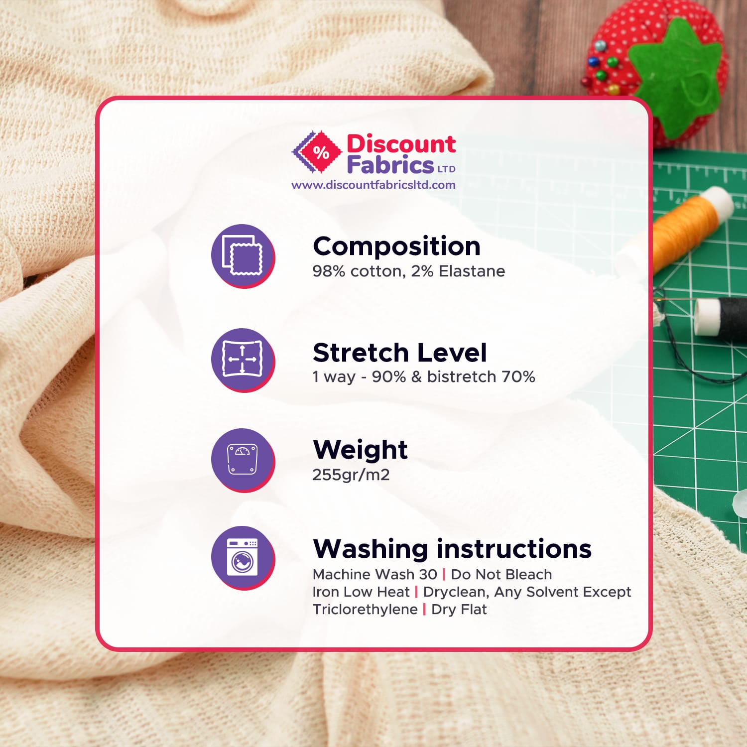 Cotton-Knitted-Cable-CVariation A product info sheet for fabric, showing composition (98% cotton, 2% elastane), stretch level, weight, and washing instructions. Background includes beige fabric, sewing notions, and a green cutting mat.