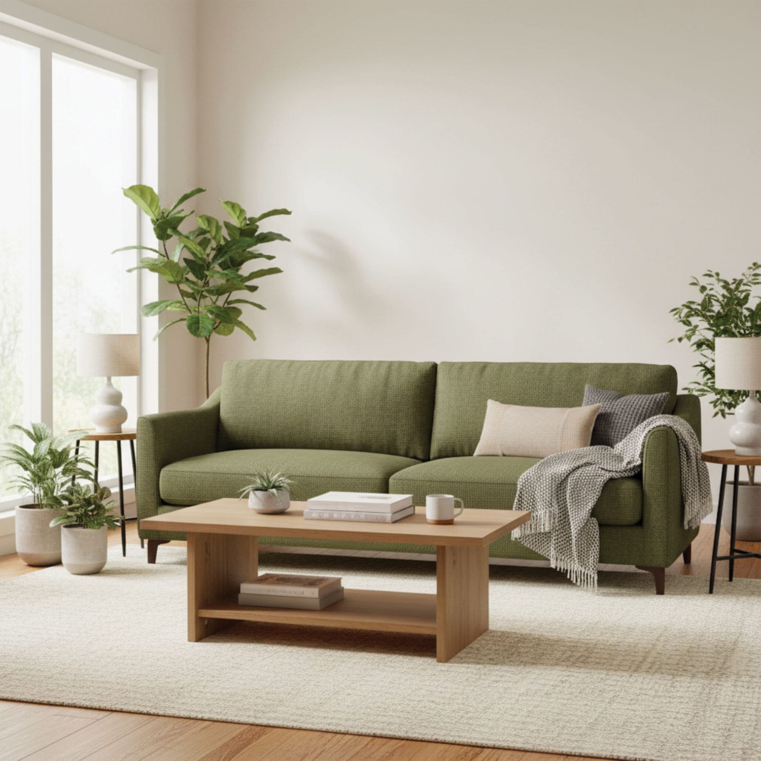 Wexford-Olive-5 A modern living room with a green sofa, light wood coffee table, indoor plants, neutral rug, and large windows letting in natural light. Two table lamps sit on either side of the sofa.