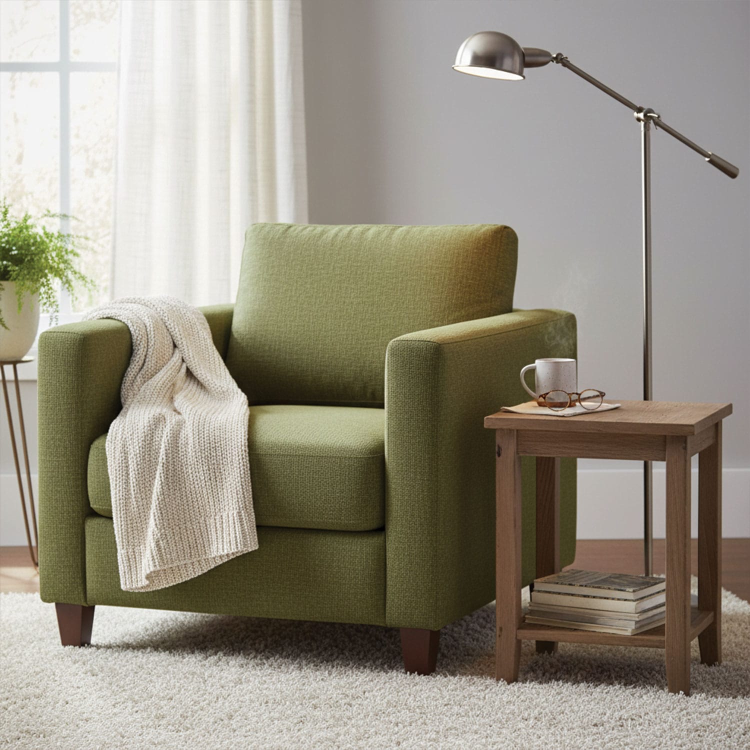 Wexford-Olive-6 A green armchair with a cream knit blanket draped over one arm sits next to a wooden side table holding a white mug and books, near a window with white curtains and a floor lamp.