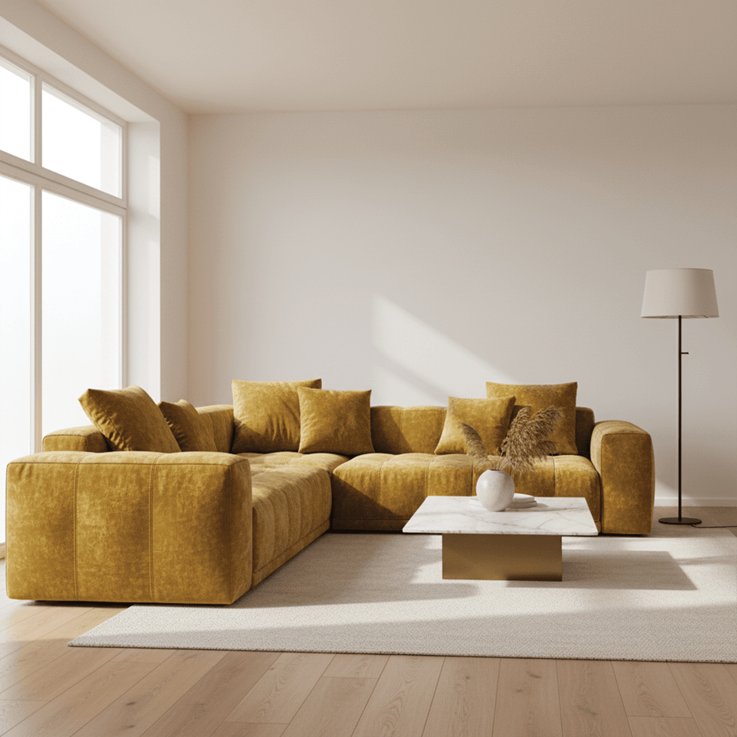 Carnival-Honey-5 A modern living room with a large mustard yellow sectional sofa, a white rug, a rectangular coffee table with a vase, a floor lamp, and sunlight streaming through tall windows.