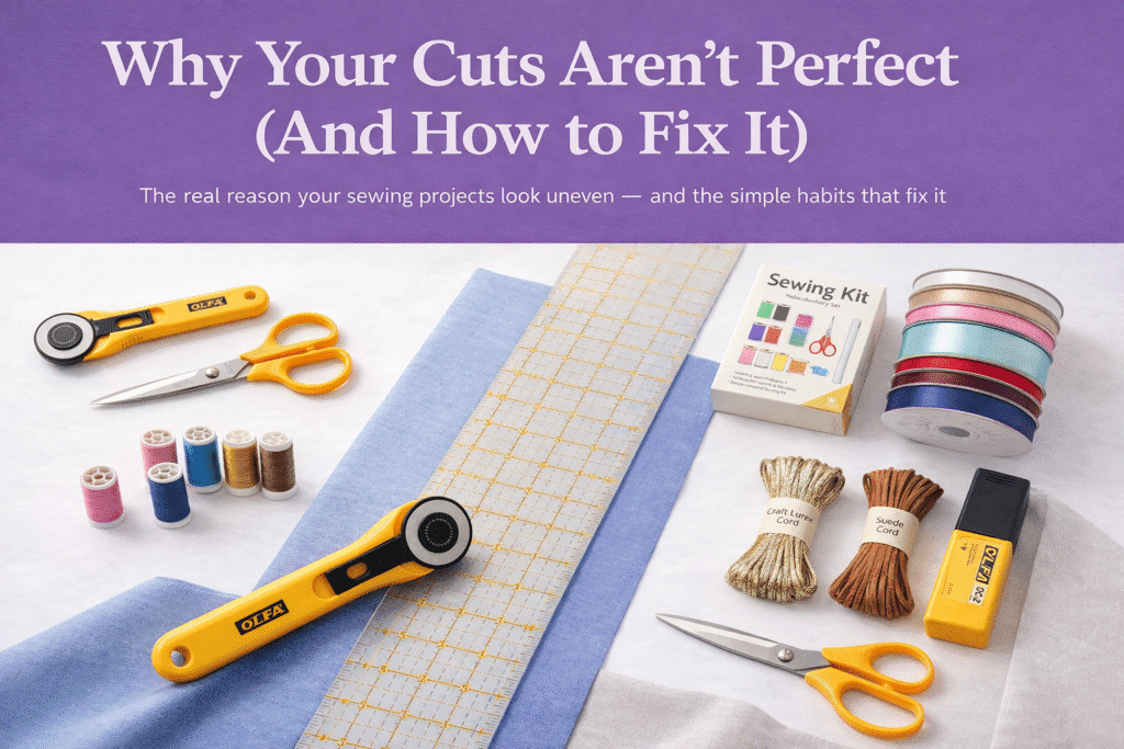 A sewing workspace with fabric, scissors, rotary cutters, a ruler, thread spools, measuring tape, sewing kit, ribbon rolls, and pins. The text above reads: "Why Your Cuts Aren’t Perfect (And How to Fix It).