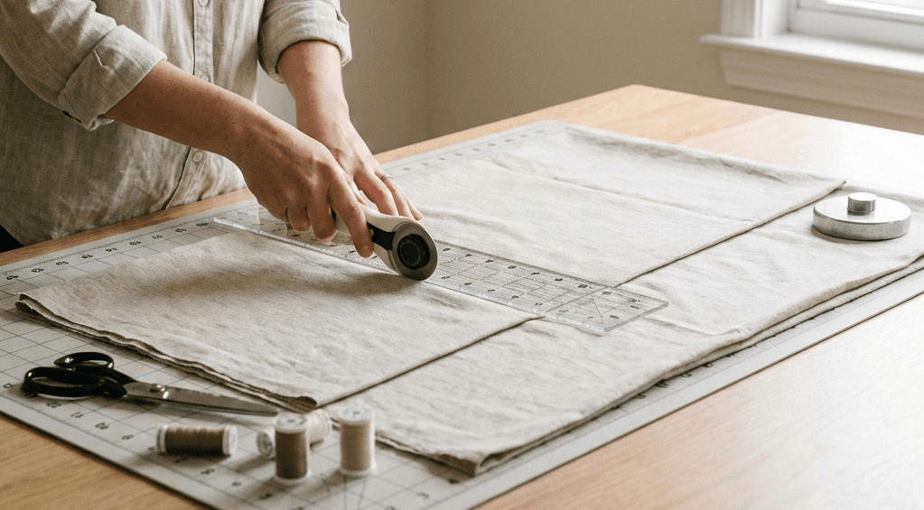 A person cuts beige fabric with a rotary cutter along a clear ruler on a wooden table. Nearby are sewing supplies, including spools of thread, scissors, and a metal weight. Natural light comes through a window.