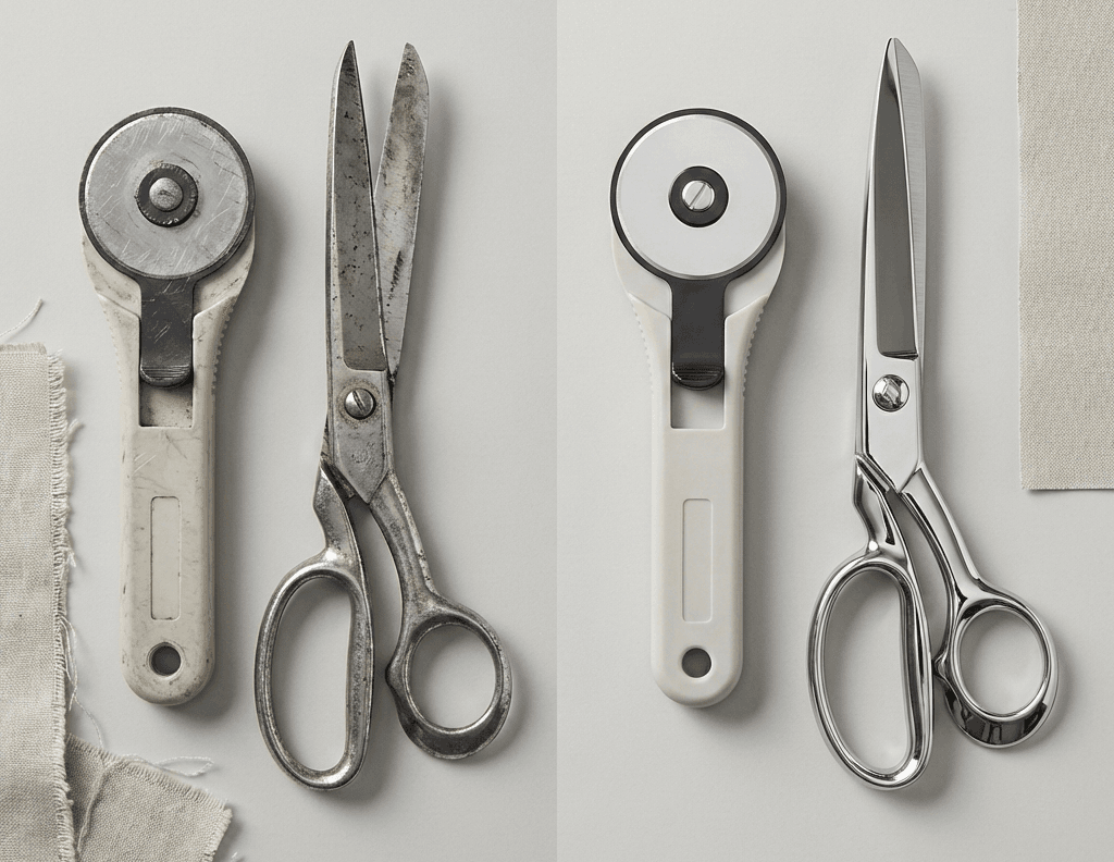 Two pairs of tools are shown: on the left, an old rotary cutter and rusted scissors; on the right, a new rotary cutter and shiny scissors. Both pairs are arranged side by side on a light surface with fabric scraps nearby.