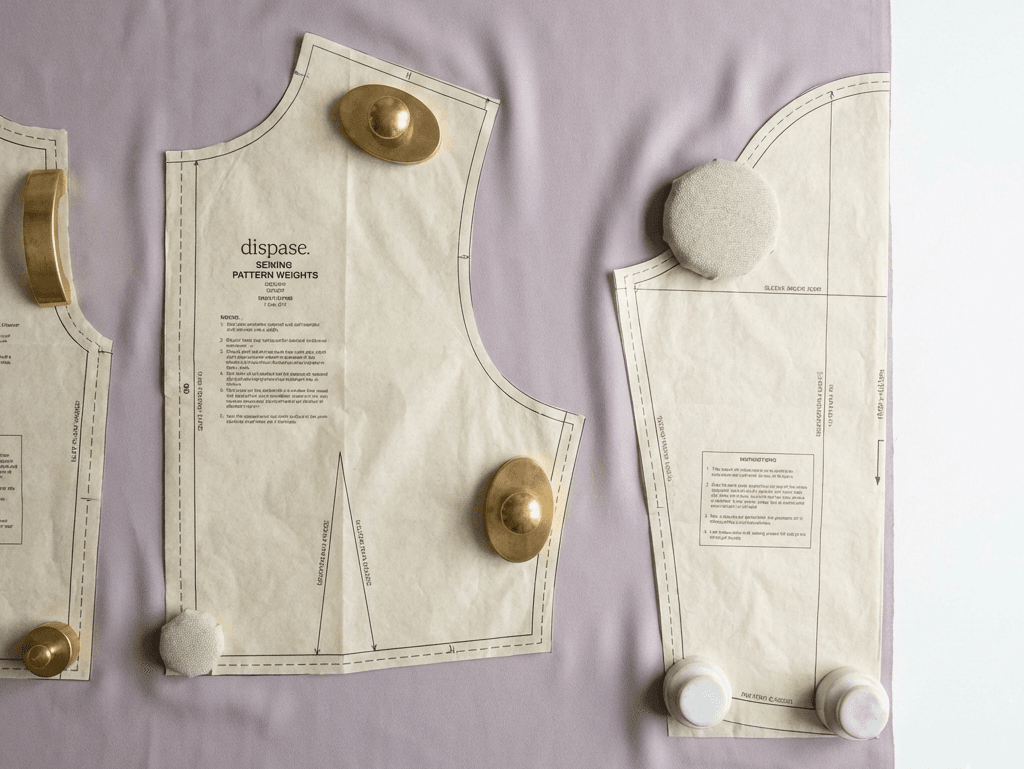 Sewing patterns pinned to light fabric with various pattern weights, including round metal and fabric-covered weights, positioned on top of the fabric and paper templates.