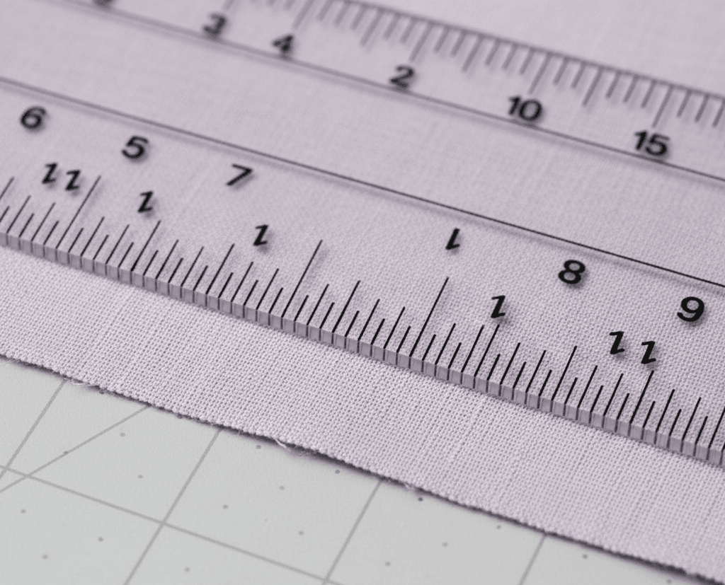A close-up of two clear plastic rulers with black markings placed on light purple fabric, showing both inches and centimeters. The fabric has a raw edge, and a gridded cutting mat is visible underneath.