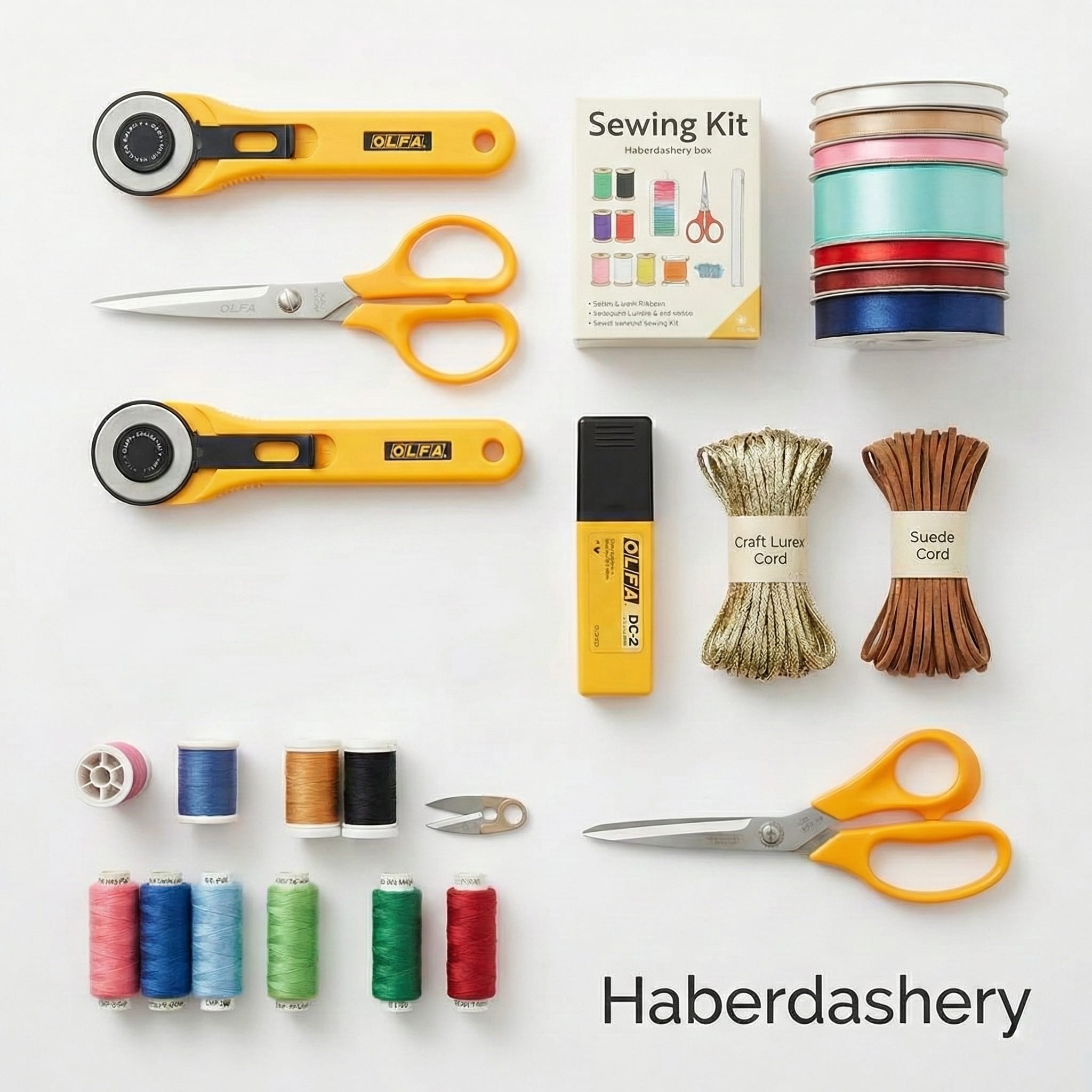 A flat lay of haberdashery items including rotary cutters, scissors, sewing kit, colorful ribbons, cord bundles, sewing threads, glue, and a bobbin, all arranged neatly on a white background.