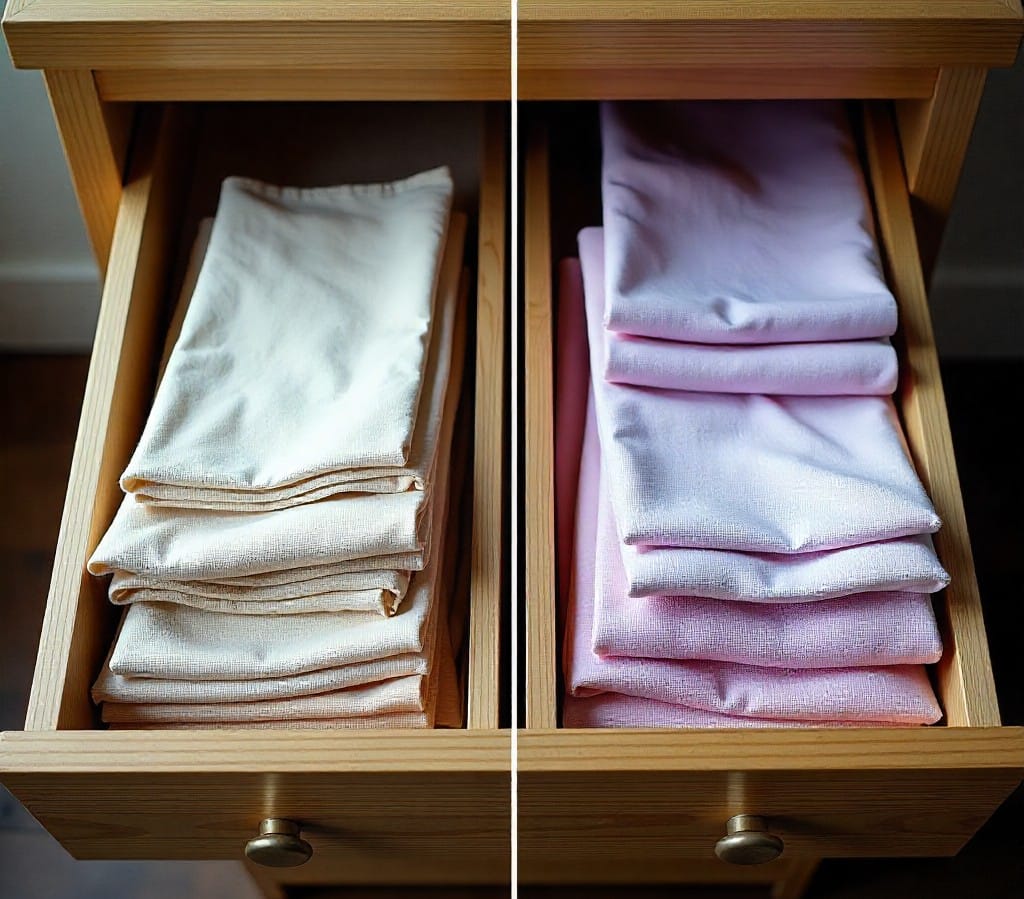 A wooden drawer with two sections: on the left, cream-colored towels are folded unevenly; on the right, pink towels are neatly folded and stacked, showing an organized versus disorganized comparison.