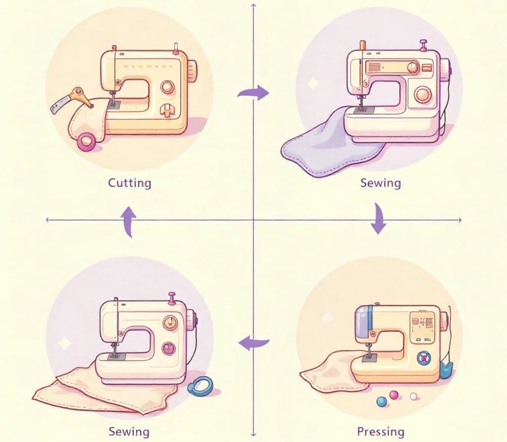 Illustration of the sewing process: cutting fabric, sewing, more sewing with thread and buttons shown, and pressing with an iron, each step depicted with a sewing machine in pastel colors and arrows connecting the steps.