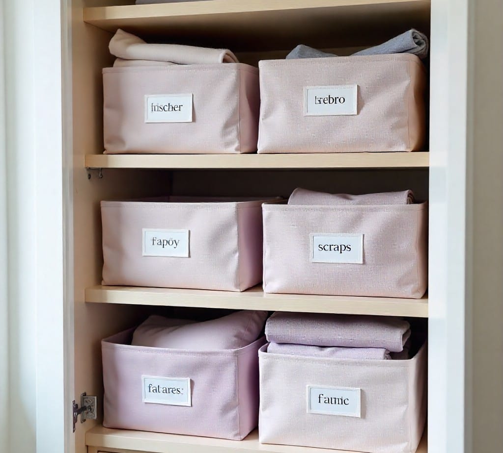 A cabinet with three shelves holding six pink storage bins, each labeled with different names such as “frischer,” “tæbro,” “fapøy,” “scraps,” “fatalres,” and “Fautic.” Folded fabrics are visible inside some bins.