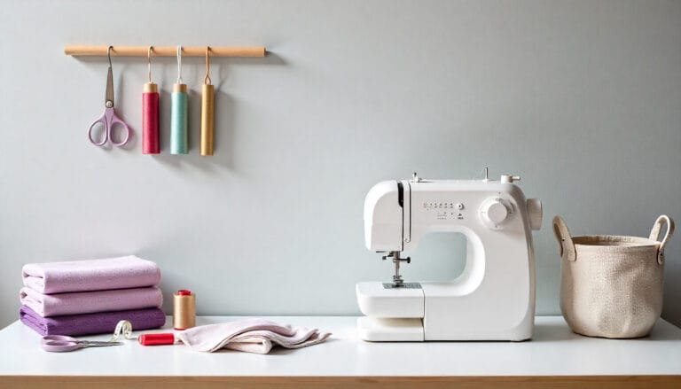 A white sewing machine sits on a table beside folded purple fabrics, thread spools, scissors, and a beige basket; colorful threads and scissors hang on a wooden rack on the wall behind.