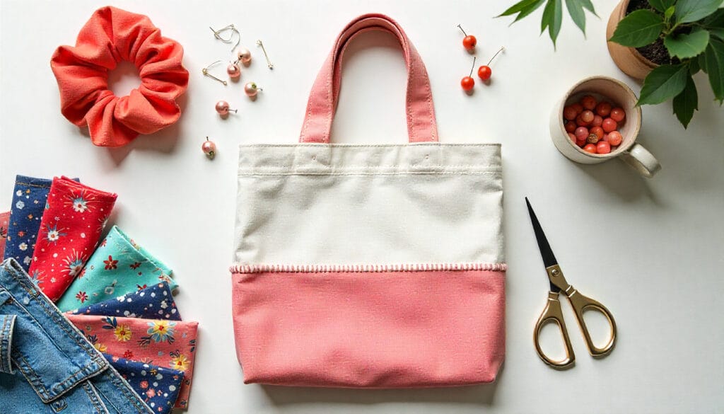 A pink and white tote bag is surrounded by a pink scrunchie, floral fabric scraps, a pair of scissors, earrings, a cup of small pink berries, and a green plant on a white surface.