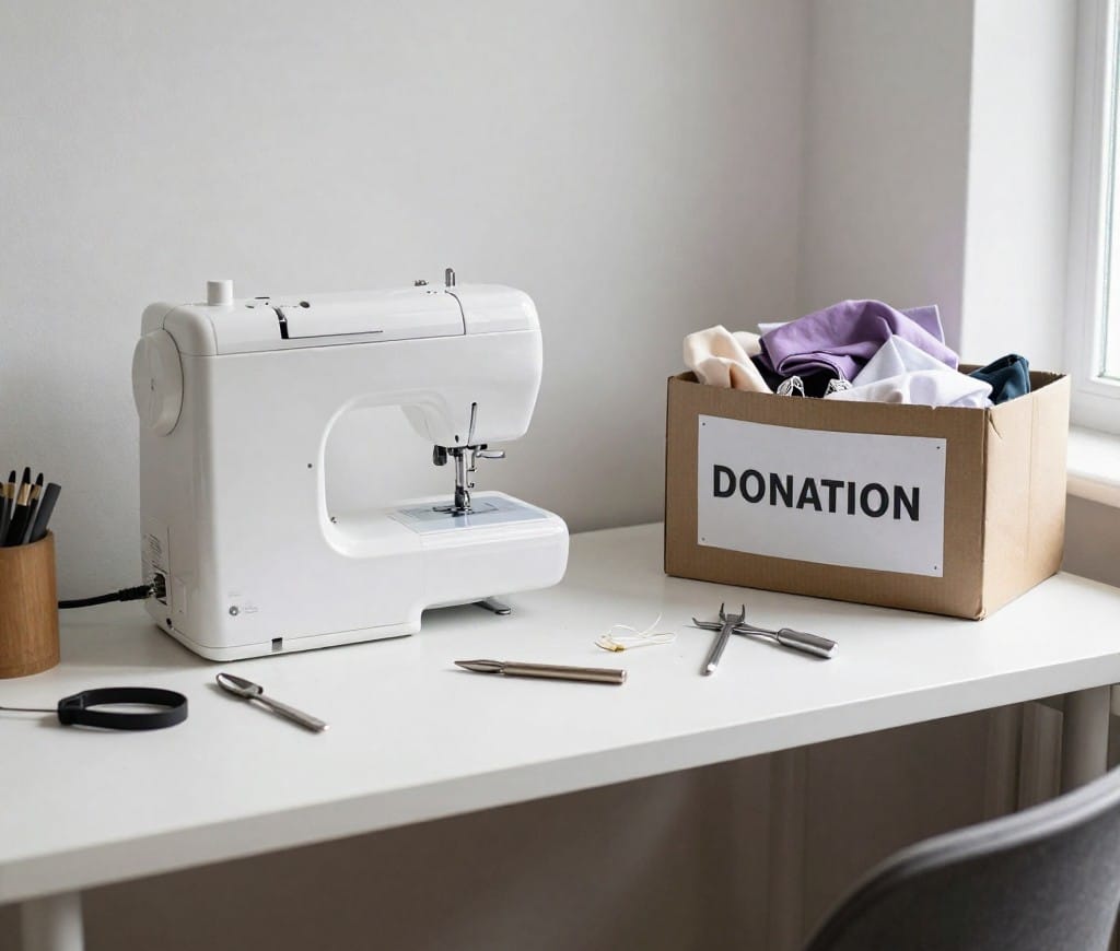 A white sewing machine sits on a desk beside a cardboard box labeled "DONATION," filled with folded clothes. Sewing tools, thread, and scissors are also on the desk, next to a window with natural light.