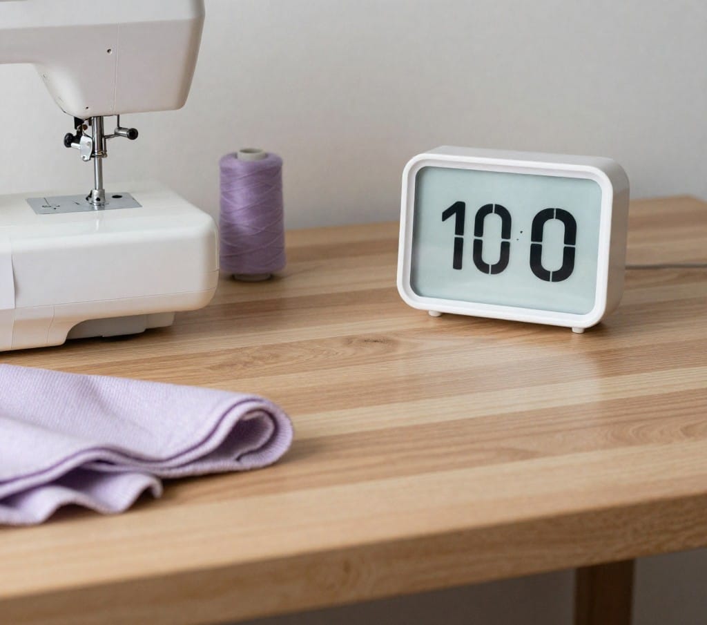 A sewing machine, a spool of lavender thread, a folded lavender fabric, and a flip clock showing 10:01 are arranged on a wooden table.