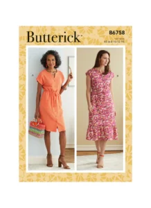 Two women wear knee-length or longer dresses made from Butterick B675. One models a short-sleeve orange dress with a tie waist; the other wears a pink floral tie-waist dress with a ruffled hem.