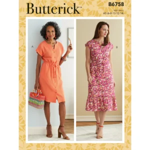 Two women wear knee-length or longer dresses made from Butterick B675. One models a short-sleeve orange dress with a tie waist; the other wears a pink floral tie-waist dress with a ruffled hem.