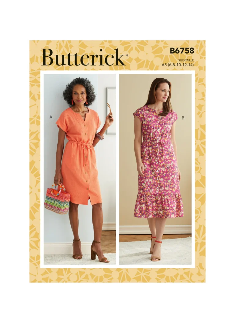 Two women wear knee-length or longer dresses made from Butterick B675. One models a short-sleeve orange dress with a tie waist; the other wears a pink floral tie-waist dress with a ruffled hem.