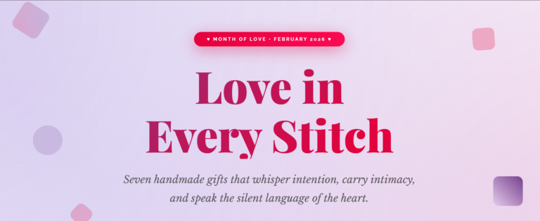 A pink and purple gradient banner with the text: "Love in Every Stitch" and a subtitle about handmade gifts expressing intimacy. A red label at the top reads "Month of Love - February 2020." Subtle shapes decorate the background.
