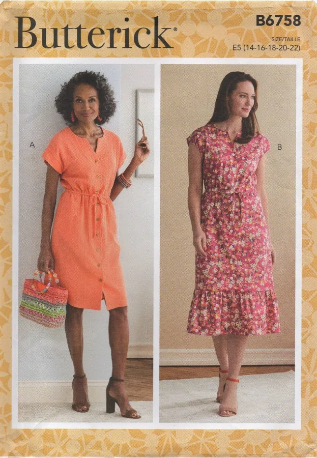 Two women model dresses made from the Butterick | B675 | BB (20W-28W) pattern: one in a short-sleeve, coral, button-front dress with a tie waist; the other in a pink floral midi dress with cap sleeves and a ruffled hem.