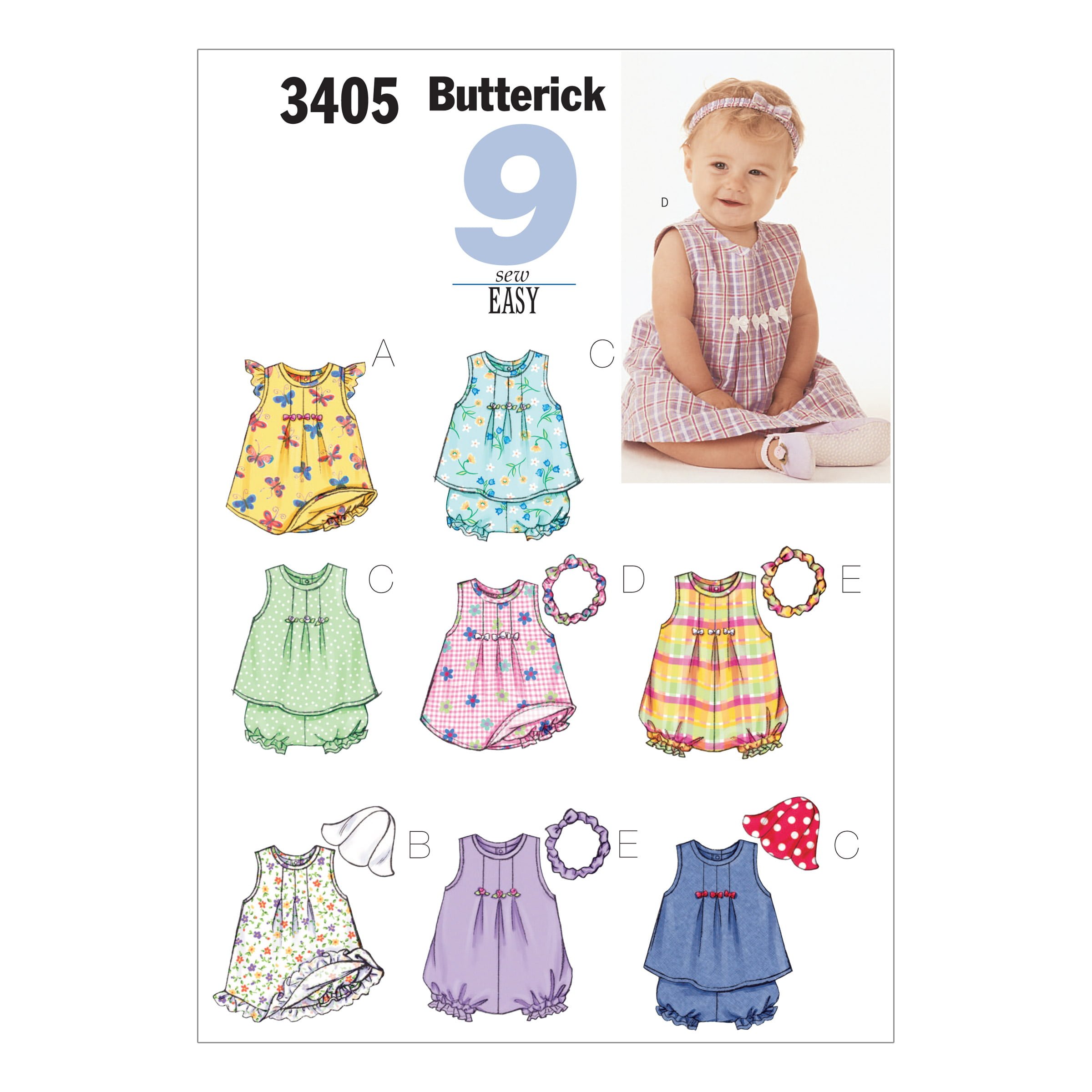 B3405_envelope_front.jpg Butterick | B3405 | Infants' Dresses, Top, Romper, Panties, Hat and Headband - Image 1