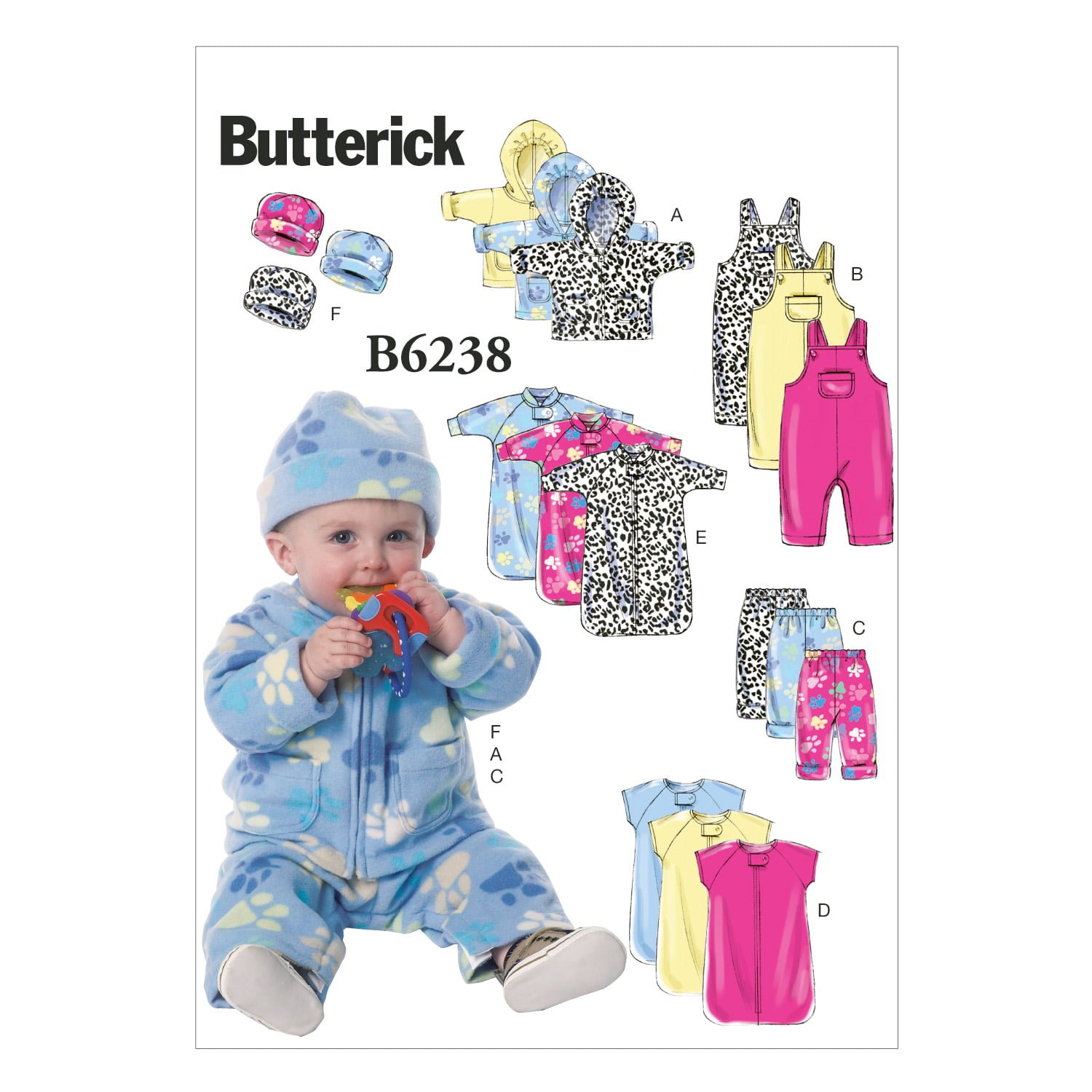 B6238_envelope_front.jpg Butterick | B6238 | Infants' Hooded Jacket, Overalls, Pants, Bunting and Hat - Image 1