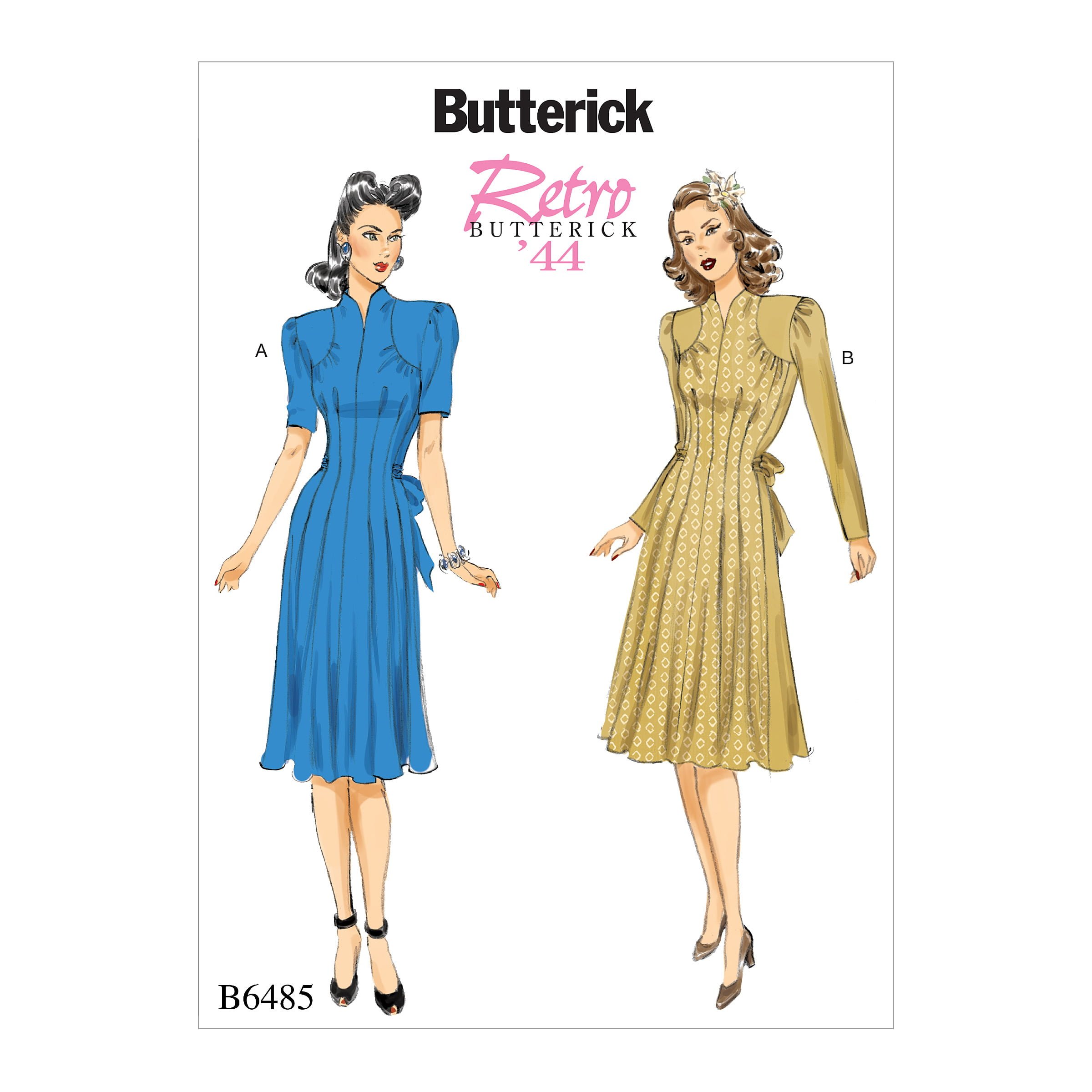 B6485_envelope_front.jpg Butterick | B6485 | 1940s Misses' Dresses with Shoulder and Bust Detail, Waist Tie, and Sleeve Variations - Image 1