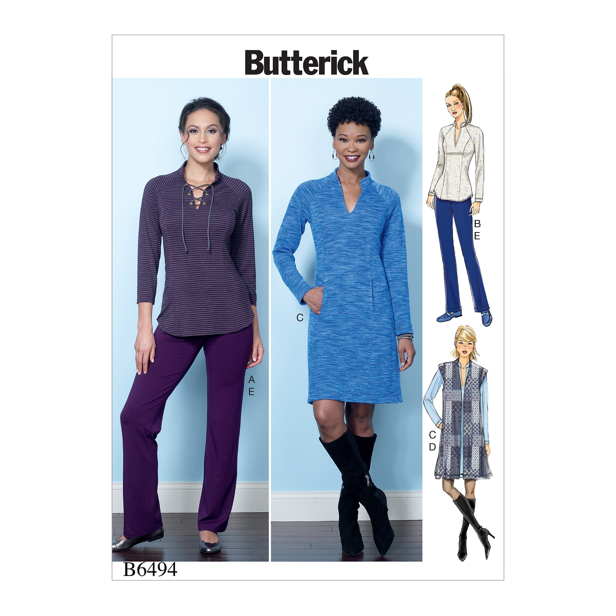B6494_envelope_front.jpg Butterick | B6494 | Misses' Knit Raglan Sleeve Tops & Dress, Trousers - Image 1