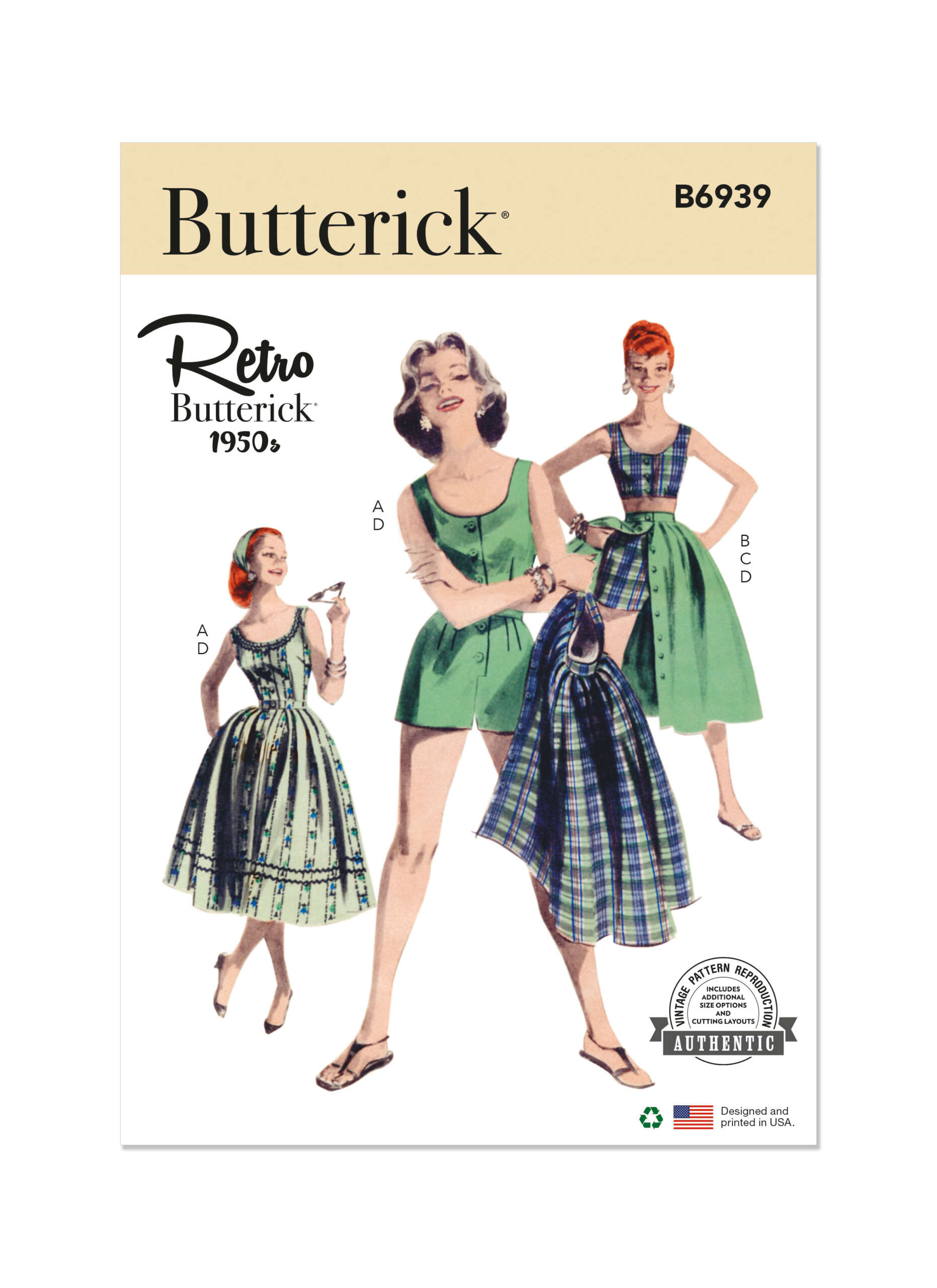 B6939_envelope_front-1-scaled-1.jpg Butterick | B6939 | 1950s Misses' Playsuit, Midriff Blouse, Shorts and Skirt - Image 1