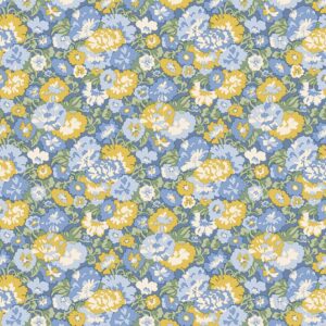 Colorful floral pattern with blue, yellow, white, and green flowers and leaves densely arranged, creating a vibrant, vintage-style seamless background.
