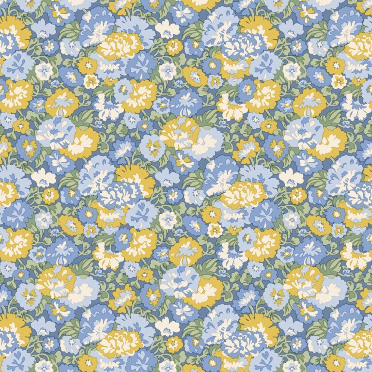 Colorful floral pattern with blue, yellow, white, and green flowers and leaves densely arranged, creating a vibrant, vintage-style seamless background.