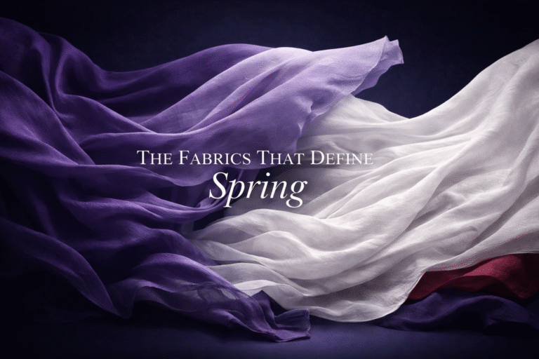 Translucent purple and white fabrics flow gracefully against a dark background. Text in the center reads, "The Fabrics That Define Spring.